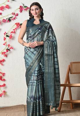 teal cotton blend tie & dye print golden zari woven border saree with unstitched blouse piece 1