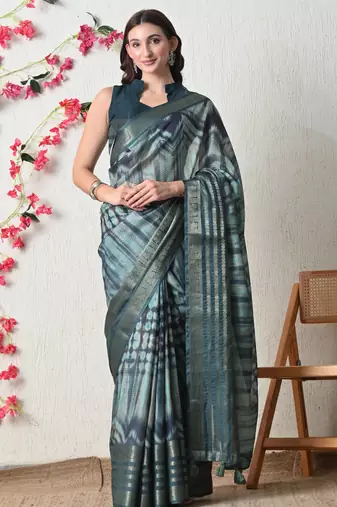 teal cotton blend tie & dye print golden zari woven border saree with unstitched blouse piece