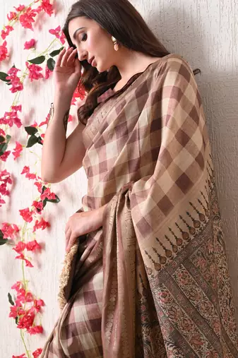 beige cotton blend checks print golden zari woven border saree with unstitched blouse piece