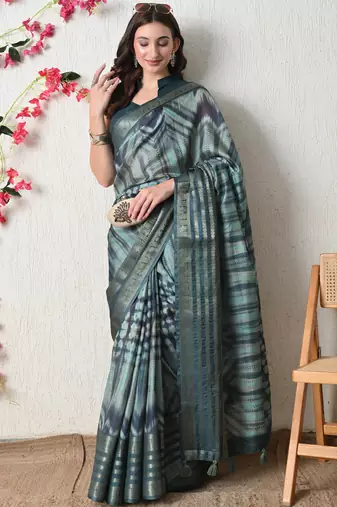 teal cotton blend tie & dye print golden zari woven border saree with unstitched blouse piece