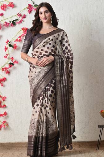 beige cotton blend polka dots print golden zari woven border saree with unstitched blouse piece