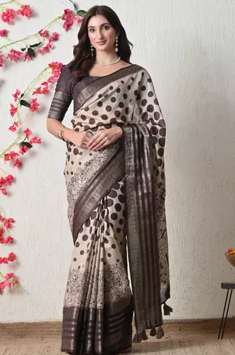 beige cotton blend polka dots print golden zari woven border saree with unstitched blouse piece
