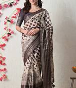 beige cotton blend polka dots print golden zari woven border saree with unstitched blouse piece
