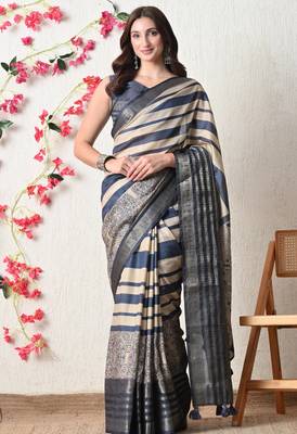 beige cotton blend stripes print golden zari woven border saree with unstitched blouse piece 1