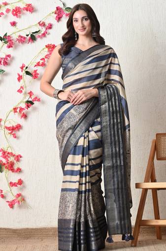beige cotton blend stripes print golden zari woven border saree with unstitched blouse piece