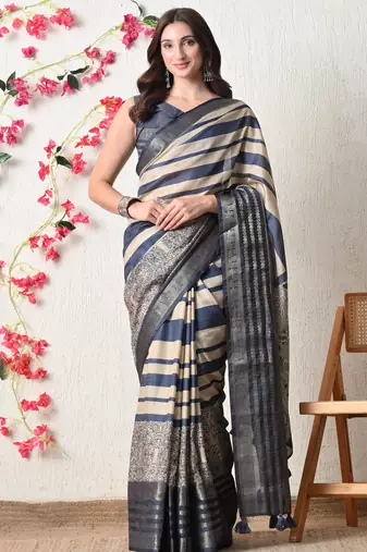 beige cotton blend stripes print golden zari woven border saree with unstitched blouse piece