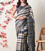beige cotton blend stripes print golden zari woven border saree with unstitched blouse piece