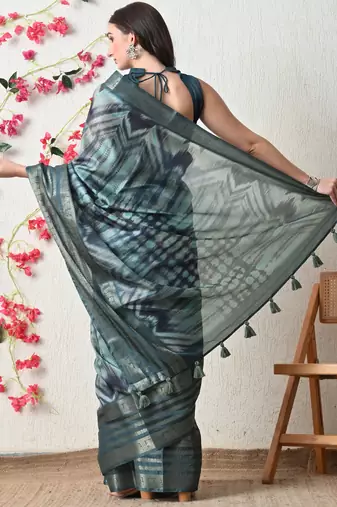 teal cotton blend tie & dye print golden zari woven border saree with unstitched blouse piece