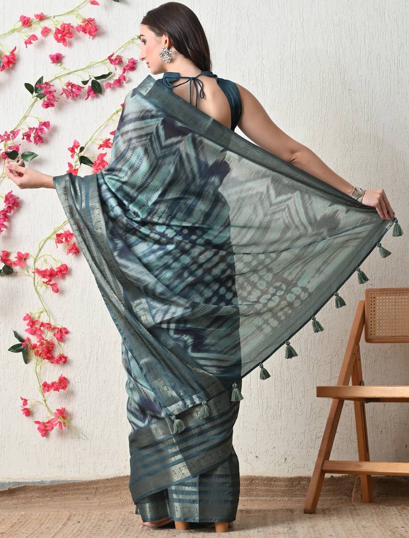 teal cotton blend tie & dye print golden zari woven border saree with unstitched blouse piece