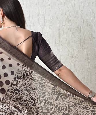 beige cotton blend polka dots print golden zari woven border saree with unstitched blouse piece 2