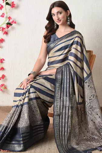 beige cotton blend stripes print golden zari woven border saree with unstitched blouse piece