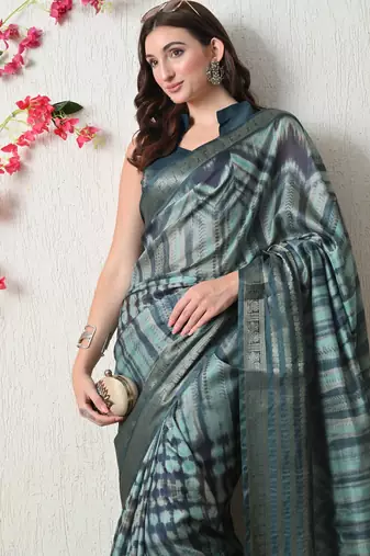 teal cotton blend tie & dye print golden zari woven border saree with unstitched blouse piece