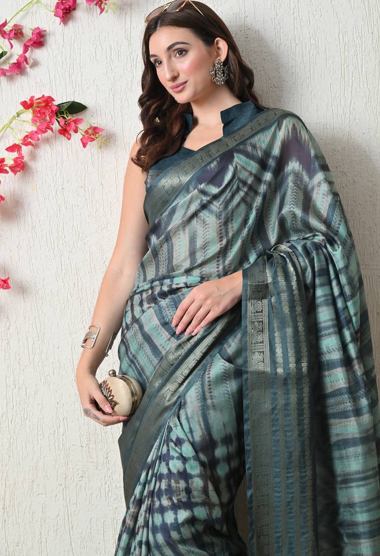 teal cotton blend tie & dye print golden zari woven border saree with unstitched blouse piece