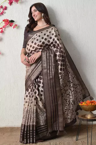beige cotton blend polka dots print golden zari woven border saree with unstitched blouse piece