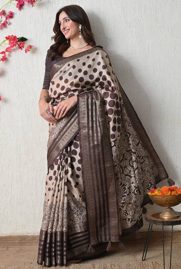 beige cotton blend polka dots print golden zari woven border saree with unstitched blouse piece