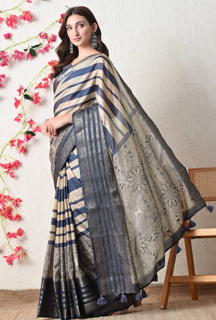 beige cotton blend stripes print golden zari woven border saree with unstitched blouse piece