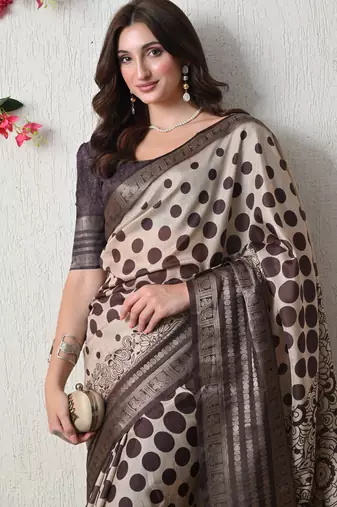 beige cotton blend polka dots print golden zari woven border saree with unstitched blouse piece