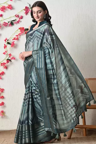 teal cotton blend tie & dye print golden zari woven border saree with unstitched blouse piece