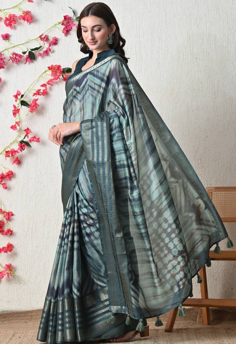 teal cotton blend tie & dye print golden zari woven border saree with unstitched blouse piece