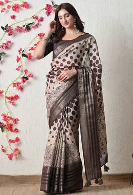 beige cotton blend polka dots print golden zari woven border saree with unstitched blouse piece 5
