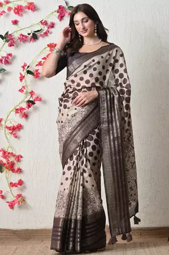 beige cotton blend polka dots print golden zari woven border saree with unstitched blouse piece
