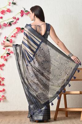 beige cotton blend stripes print golden zari woven border saree with unstitched blouse piece 4