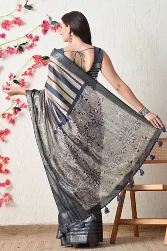 beige cotton blend stripes print golden zari woven border saree with unstitched blouse piece