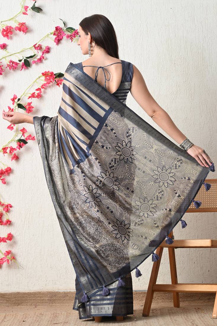 beige cotton blend stripes print golden zari woven border saree with unstitched blouse piece