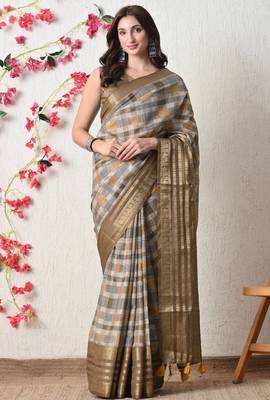 beige cotton blend checks print golden zari woven border saree with unstitched blouse piece 1
