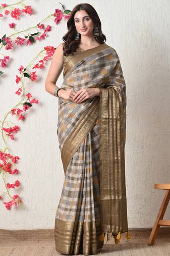 beige cotton blend checks print golden zari woven border saree with unstitched blouse piece