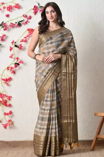 beige cotton blend checks print golden zari woven border saree with unstitched blouse piece