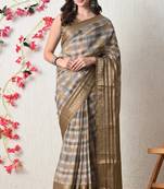 beige cotton blend checks print golden zari woven border saree with unstitched blouse piece