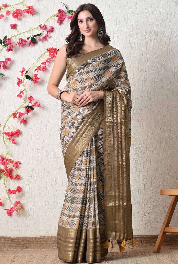 beige cotton blend checks print golden zari woven border saree with unstitched blouse piece