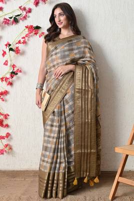 beige cotton blend checks print golden zari woven border saree with unstitched blouse piece 2