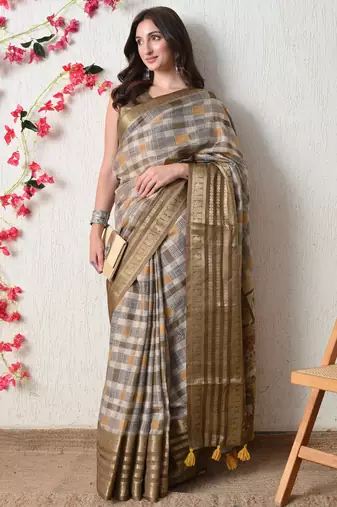 beige cotton blend checks print golden zari woven border saree with unstitched blouse piece