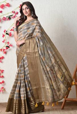 beige cotton blend checks print golden zari woven border saree with unstitched blouse piece 3