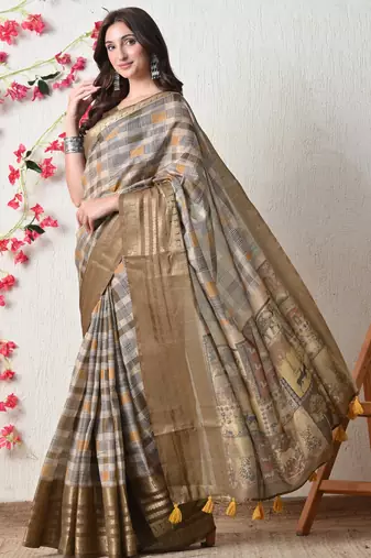 beige cotton blend checks print golden zari woven border saree with unstitched blouse piece
