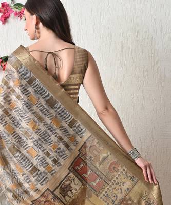 beige cotton blend checks print golden zari woven border saree with unstitched blouse piece 4