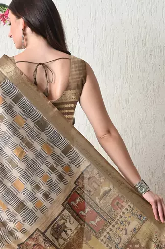 beige cotton blend checks print golden zari woven border saree with unstitched blouse piece