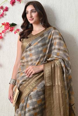 beige cotton blend checks print golden zari woven border saree with unstitched blouse piece 5