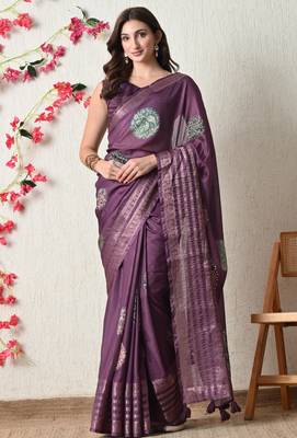 magenta cotton blend block print golden zari woven border saree with unstitched blouse piece 1