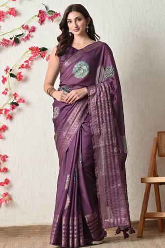 magenta cotton blend block print golden zari woven border saree with unstitched blouse piece