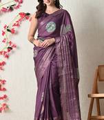 magenta cotton blend block print golden zari woven border saree with unstitched blouse piece