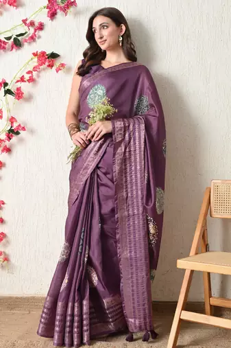 magenta cotton blend block print golden zari woven border saree with unstitched blouse piece