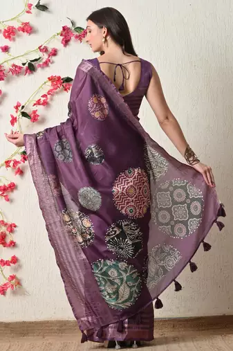 magenta cotton blend block print golden zari woven border saree with unstitched blouse piece