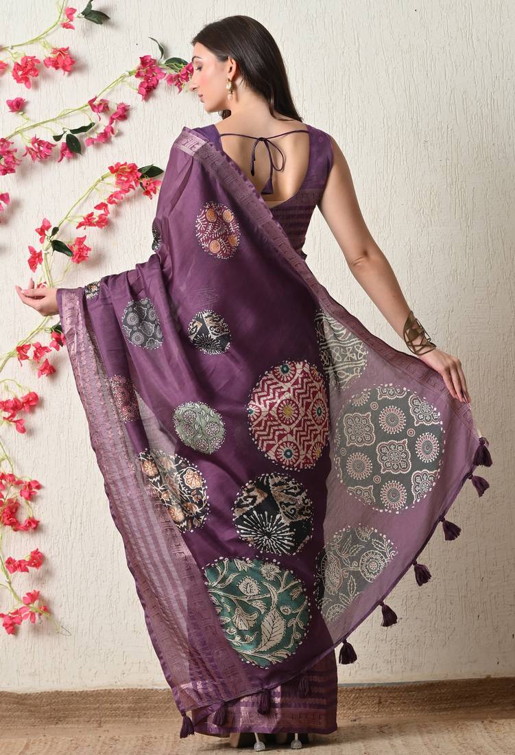 magenta cotton blend block print golden zari woven border saree with unstitched blouse piece