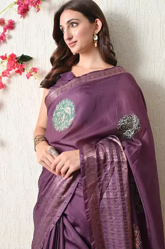 magenta cotton blend block print golden zari woven border saree with unstitched blouse piece