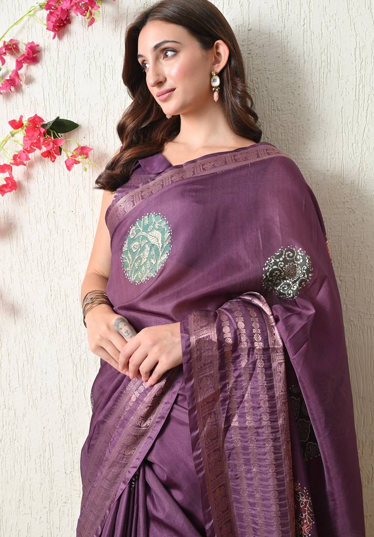 magenta cotton blend block print golden zari woven border saree with unstitched blouse piece