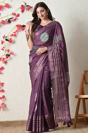 magenta cotton blend block print golden zari woven border saree with unstitched blouse piece