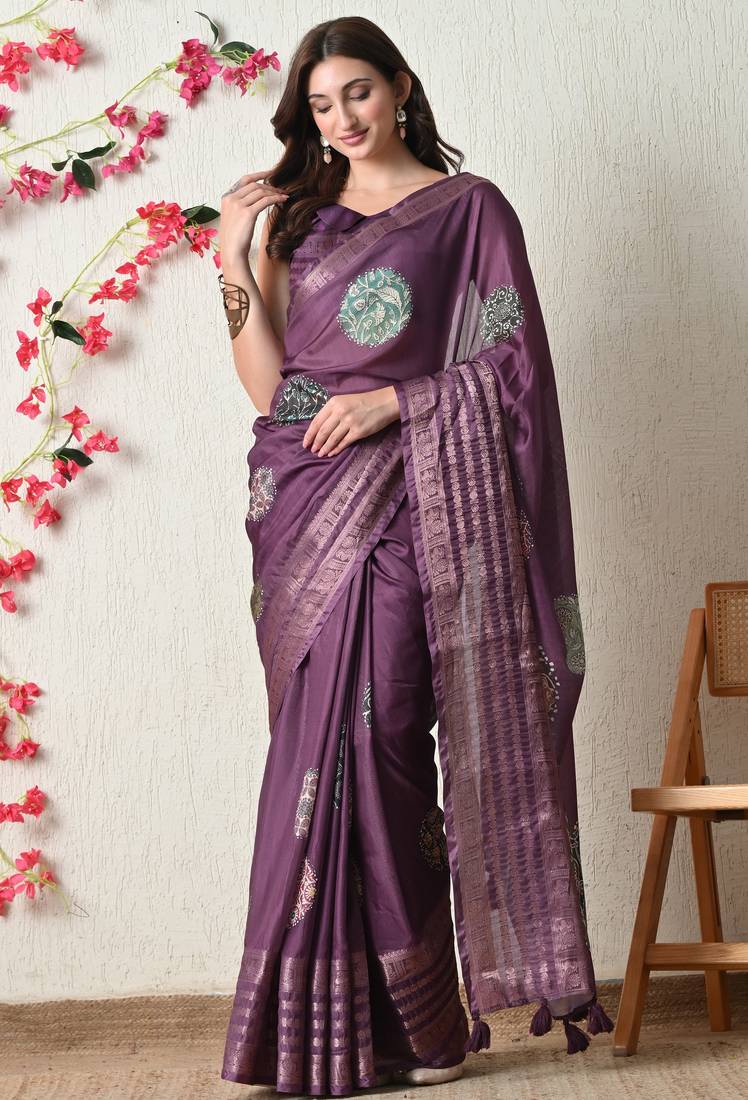 magenta cotton blend block print golden zari woven border saree with unstitched blouse piece